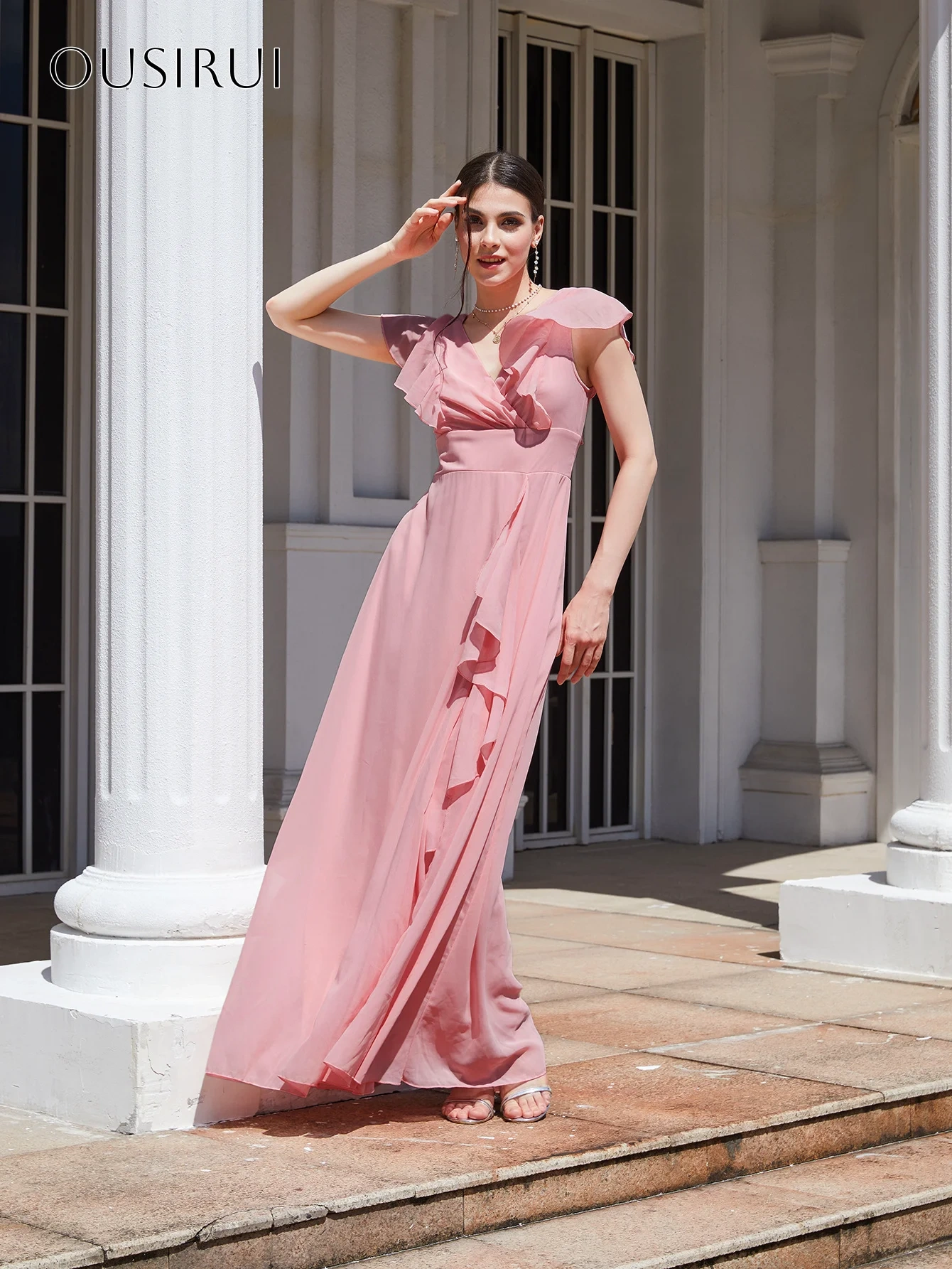 Ruffled V-neck Chiffon Evening Dresses A-line Sleeveless Floor Length Split Customized شارون سعيد فساتين سهره
