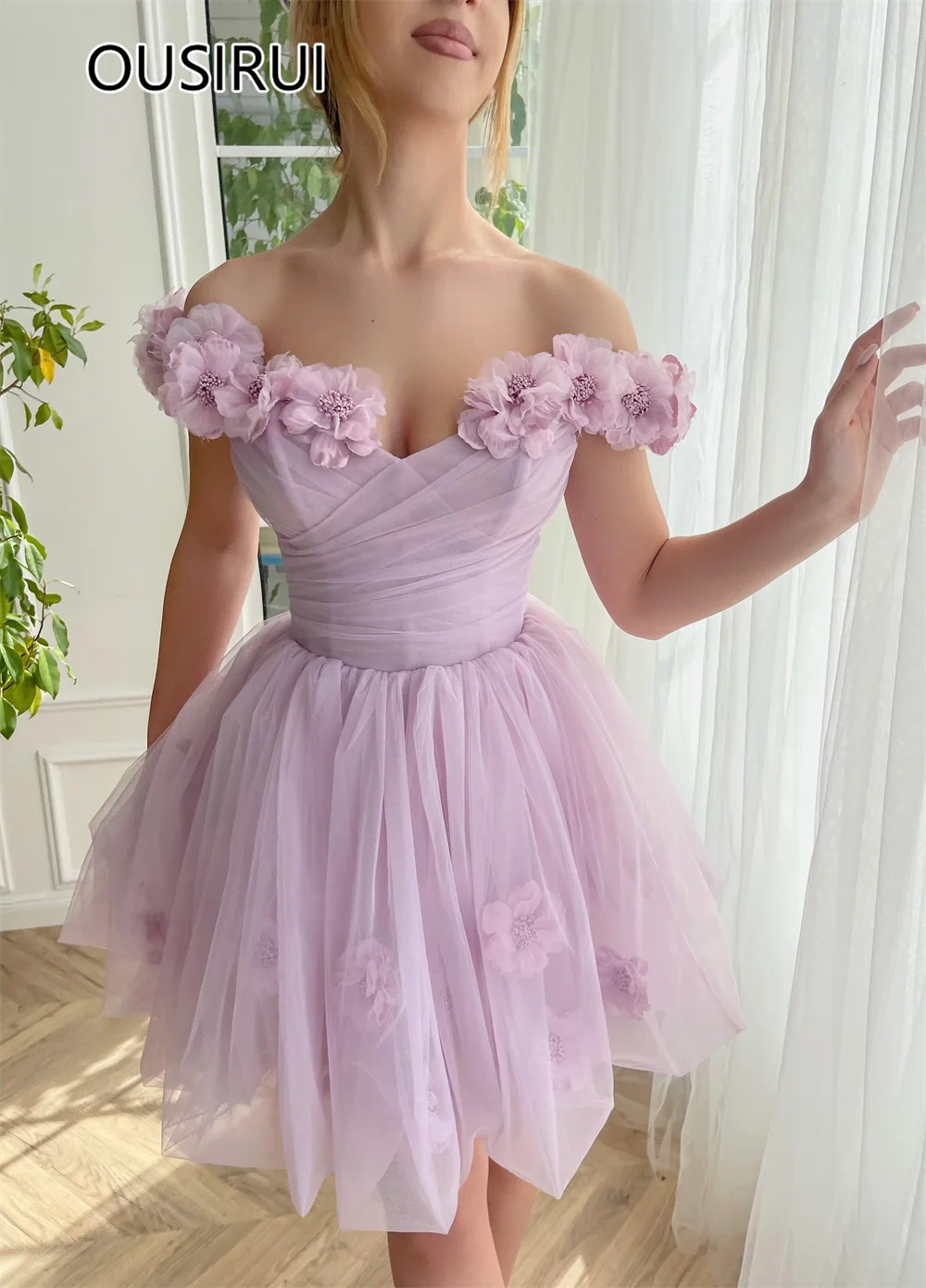 OUSIRUI Elegant Off-Shoulder Tulle 3D Floral Lace Short Mini Prom Party Dress Lace up Princess Prom Gown robe de mariée