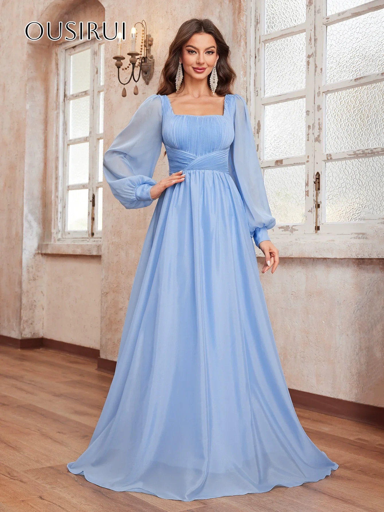 A-line Square Chiffon Long Sleeves Prom Dresses Floor Length Customized شارون سعيد فساتين سهره