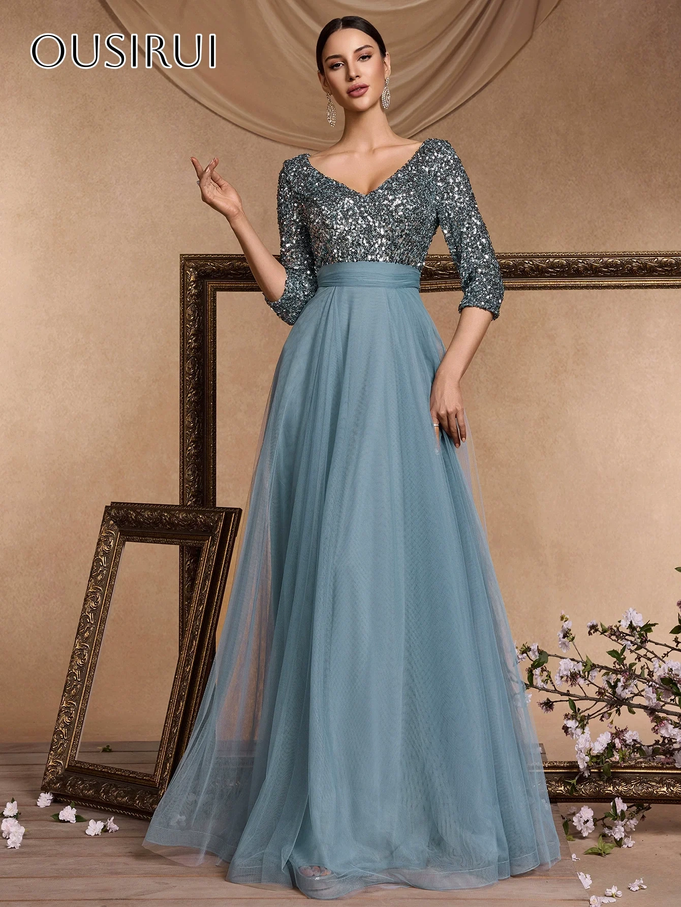 Sequined V-neck A-line Evening Dresses Half Sleeves Tulle Floor Length Customized платье на выпускной