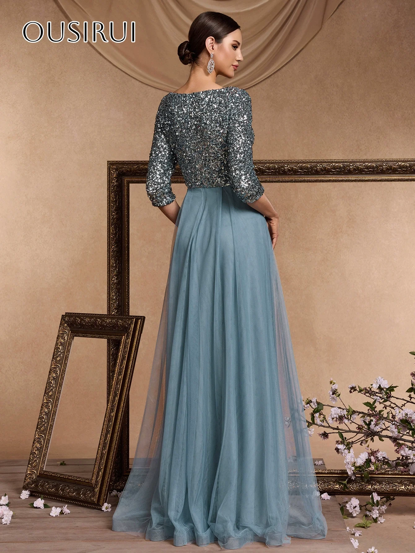 Sequined V-neck A-line Evening Dresses Half Sleeves Tulle Floor Length Customized платье на выпускной