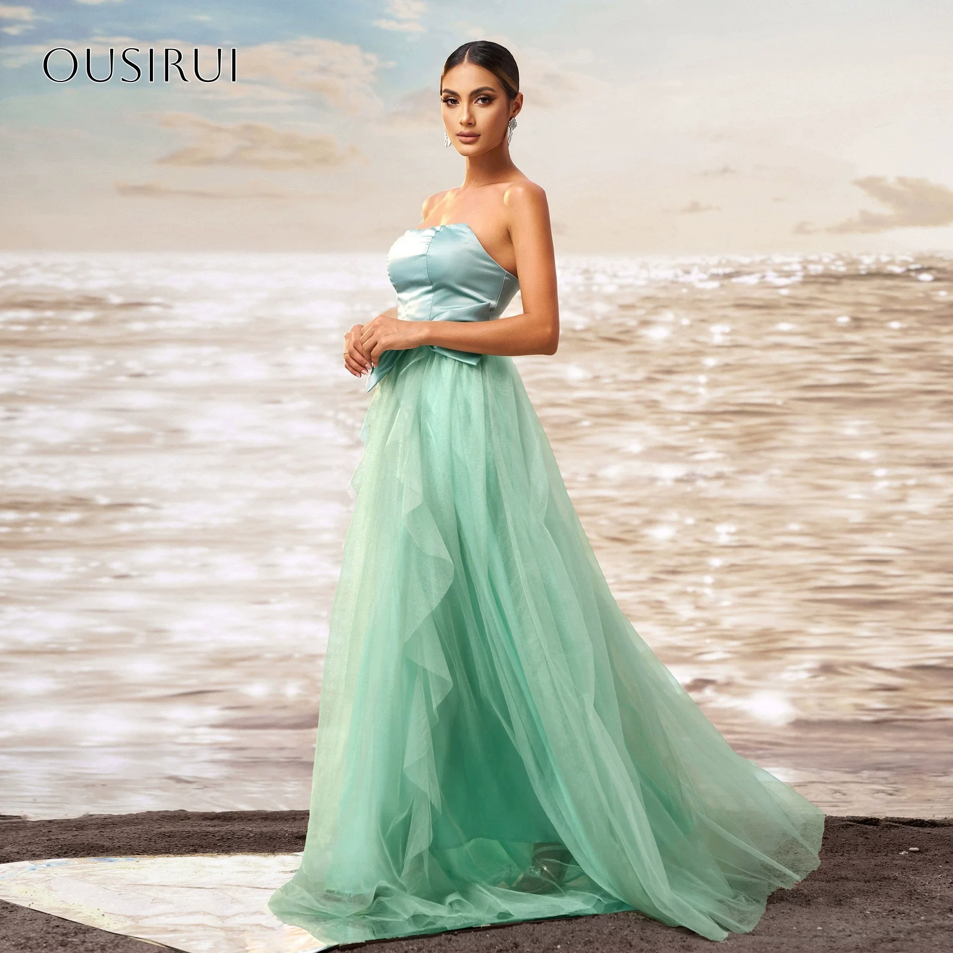 Strapless Bow A-line Evening Dresses Tulle Floor Length Sleeveless Customized Party Gowns  فساتين ال