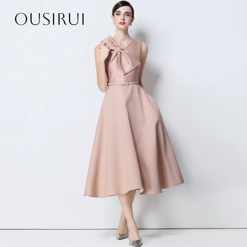 Bow Satin V-neck Homecoming Dresses Tea Length Sash A-line Sleeveless Customized سيرين هيل فساتين سهره