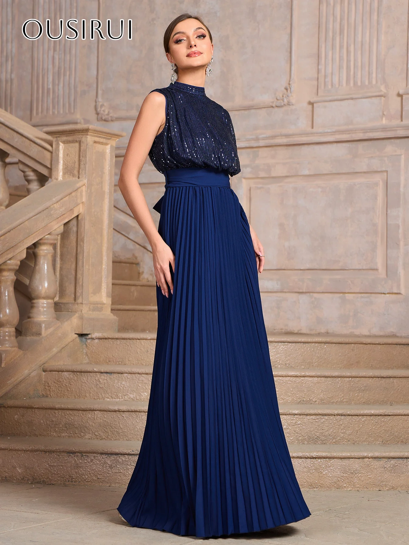 A-line Sequined Prom Dresses Sleeveless Pleated Backless Sash Back Floor Length Customized платье на выпускной
