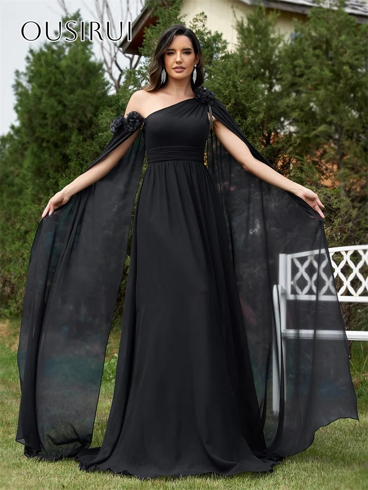 One Shoulder Chiffon Flowers A-line Long Prom Dresses Floor Length Pleated Customized платье на вып