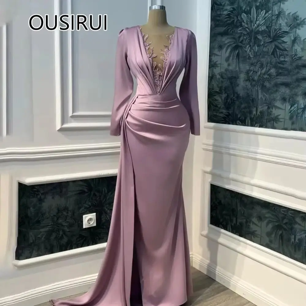 OUSIRUI Sheer Neck Satin Formal Evening Party Dress Sexy Mermaid Sweep Train Prom Gown with Lace Backless Long Puff Sleeve