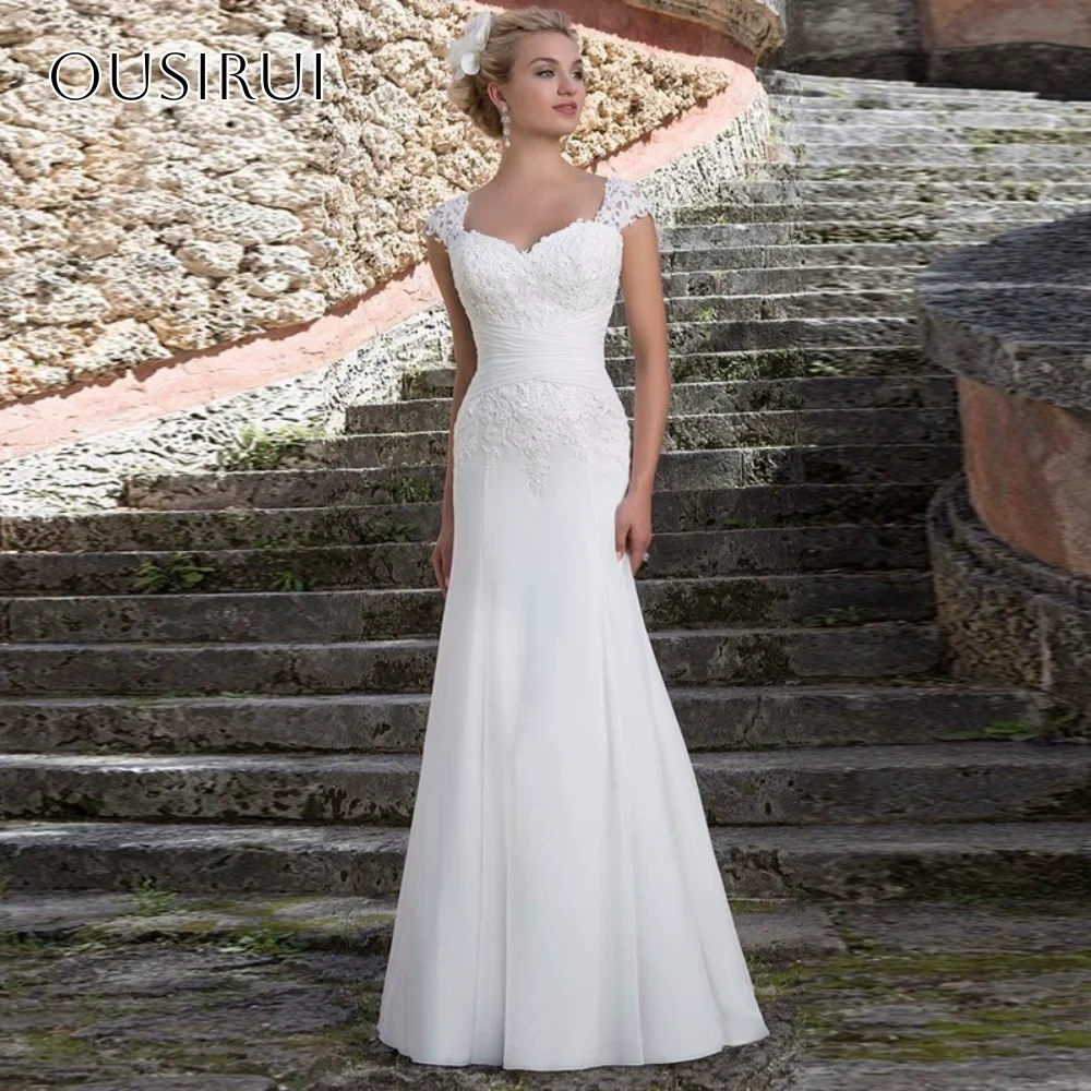 Appliques Sweetheart Wedding Dress Cap Sleeves Buttons Satin Sweep Tarin Pleated Customized Boho Bridal Gowns vestido de noiva