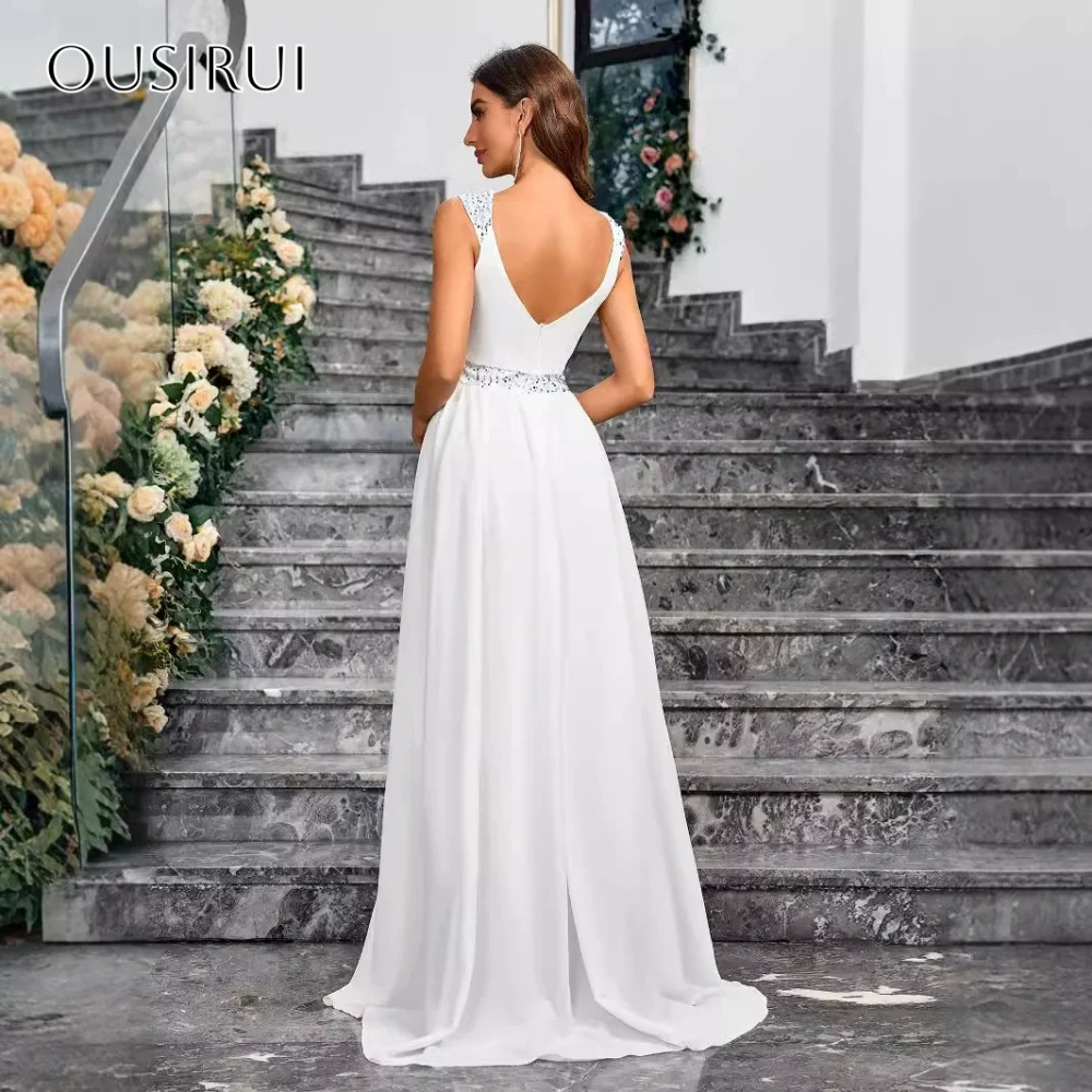 Beaded Straps Chiffon Evening Dresses Backless Sleeveless Sweep Train Customized فساتين حفلة موسيقية