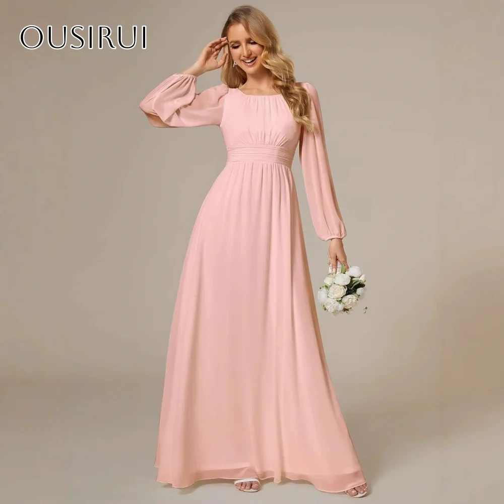 Chiffon A-line Evening Dresses Pleated Long Sleeves Floor Length Customized Party Gowns  فساتين السهرة