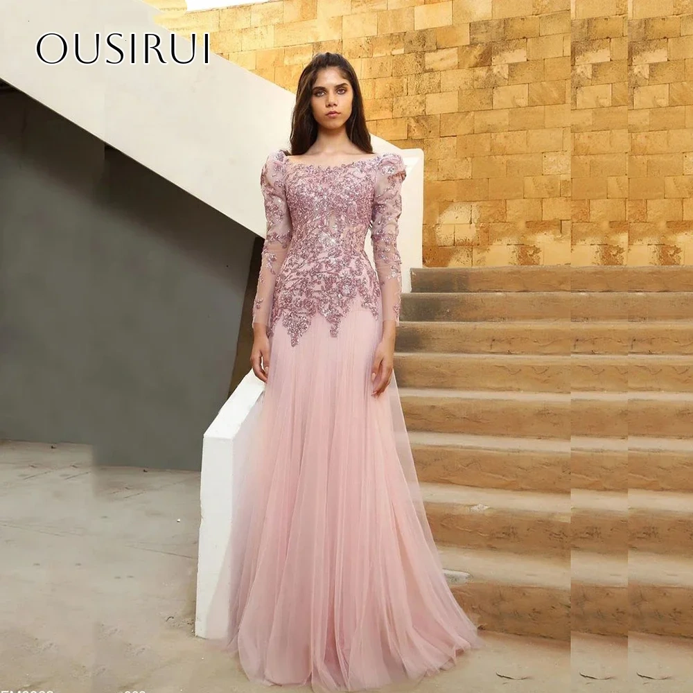 Beaded Appliques A-line Evening Dresses Pleated Long Sleeves Floor Length Customized Party Gowns  فساتين السهرة