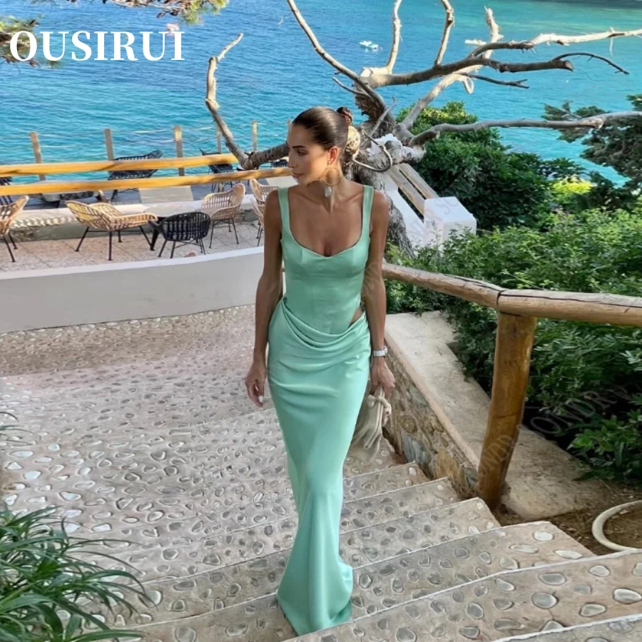 OUSIRUI Formal Party Dresses Cocktail Dress Gowns Sexy Green Satin Long Prom Dresses Sleeveless Beach Robes De Soirée