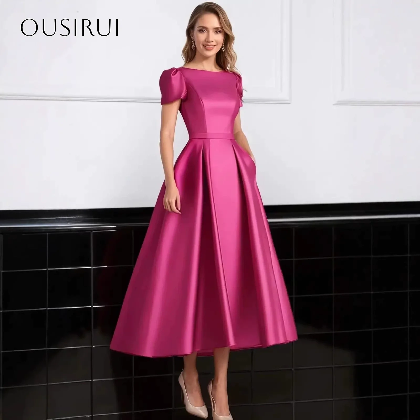 Satin Short Sleeves A-line Homecoming Gown Tea Length Ruched Customized платье на выпуск