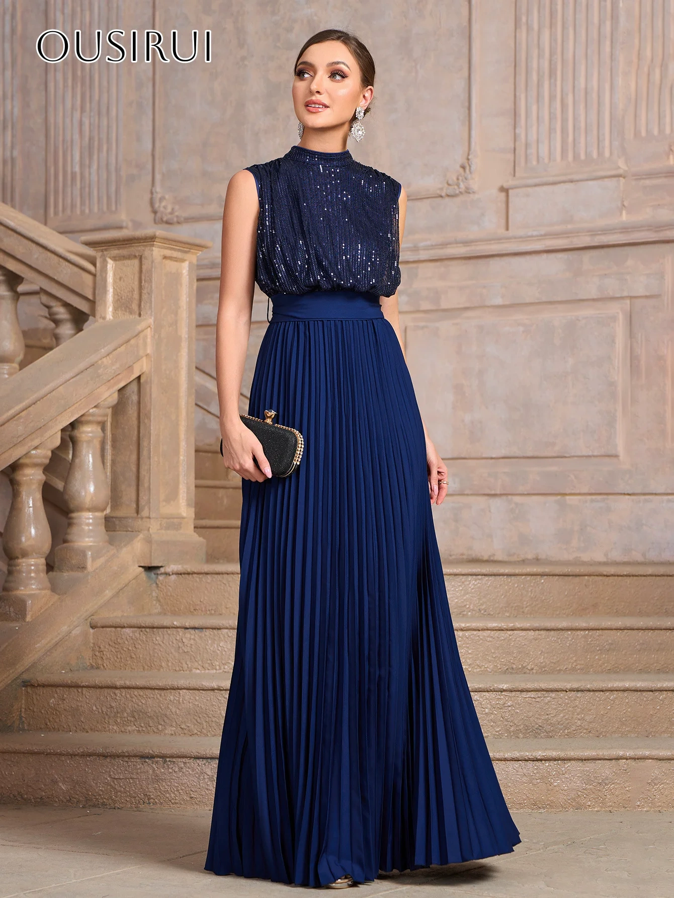 A-line Sequined Prom Dresses Sleeveless Pleated Backless Sash Back Floor Length Customized платье на выпускной