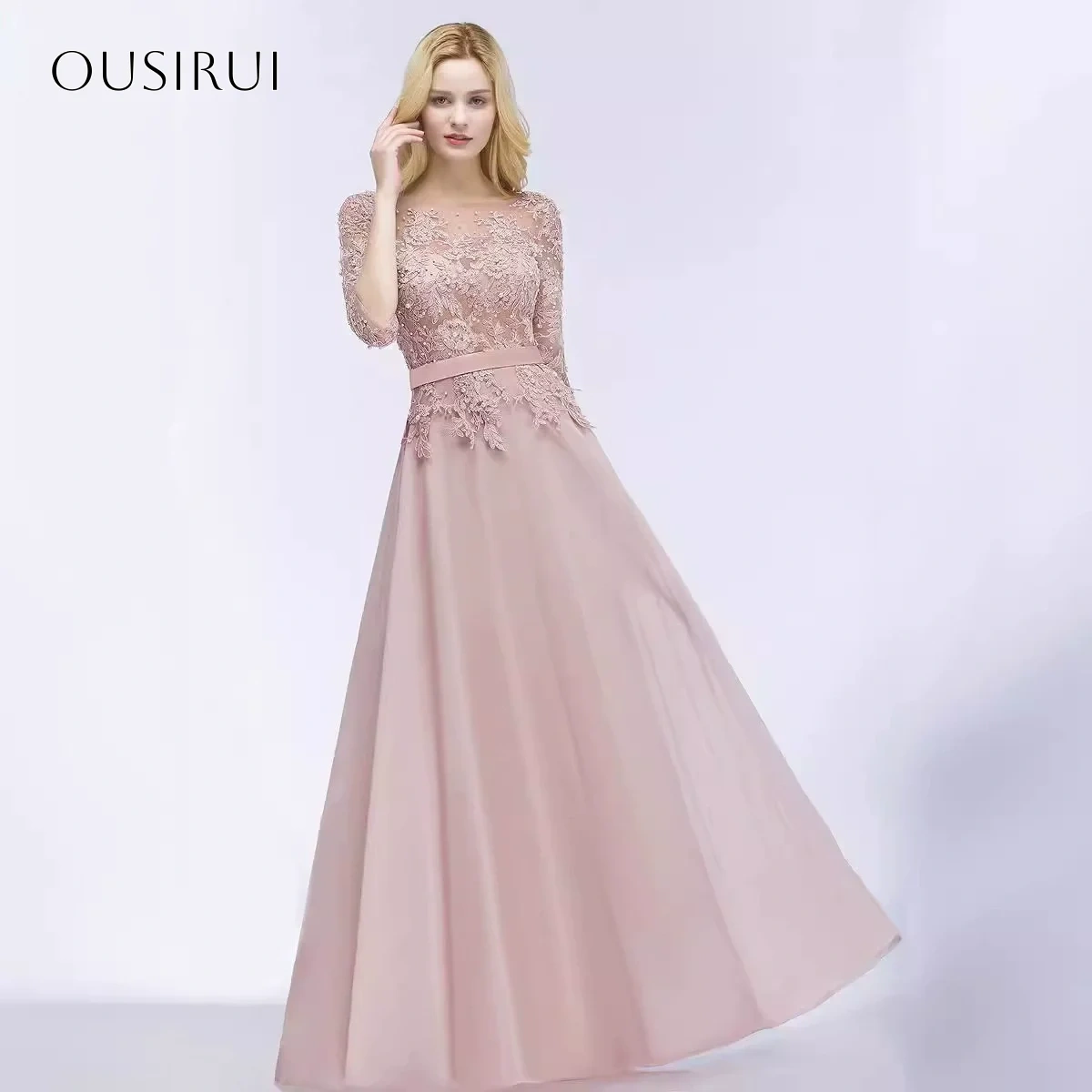 Lace O-neck A Line Chiffon Evening Gowns Floor Length Half Sleeves Prom Dresses Customized vestidos de fiesta