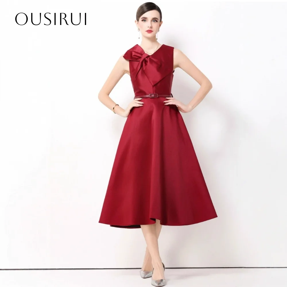 Bow Satin V-neck Homecoming Dresses Tea Length Sash A-line Sleeveless Customized سيرين هيل فساتين سهره