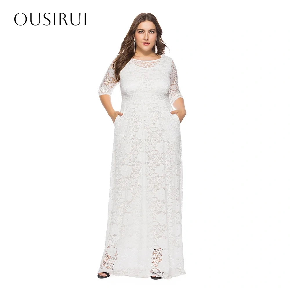 Lace O-neck Evening Dresses Half Sleeves Pleated Floor Length Pockets Party Gowns  فساتين السهرة