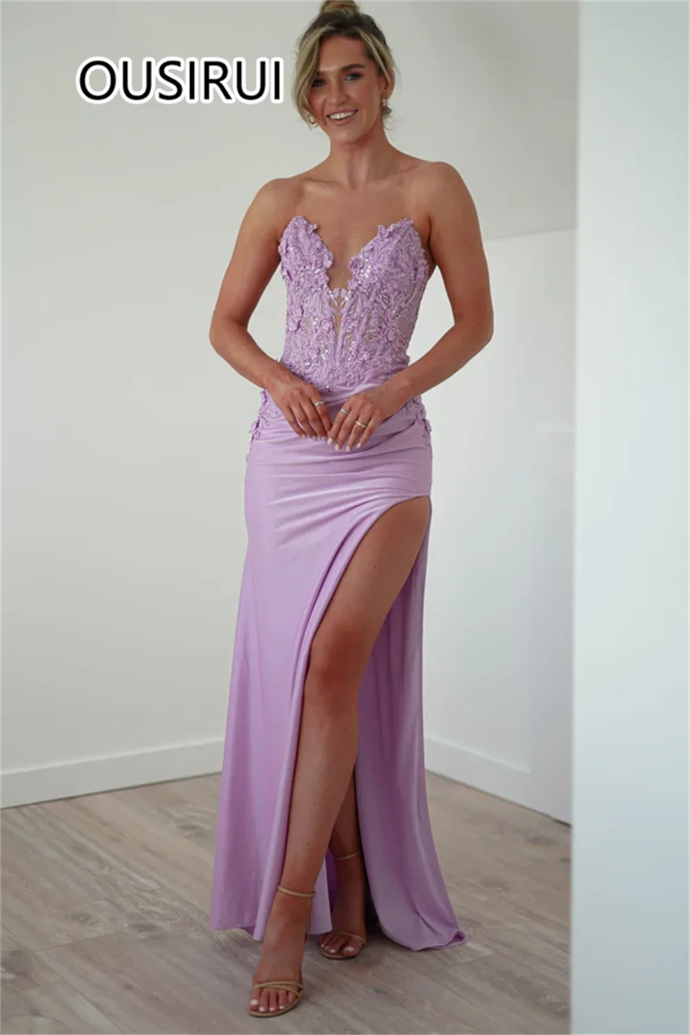OUSIRUI V-neck Satin Pleated Off-Shoulder Women Prom Party Dress with Lace Sexy Mermaid Backless Side High Split vestidos de