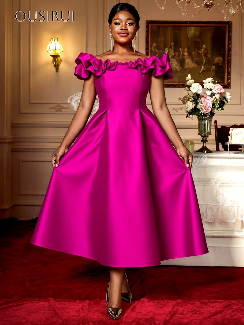 Ruffled Off Shoulder Satin Homecoming Dress Tea Length A-line Sleeveless Customized سيرين هيل فساتين سهره