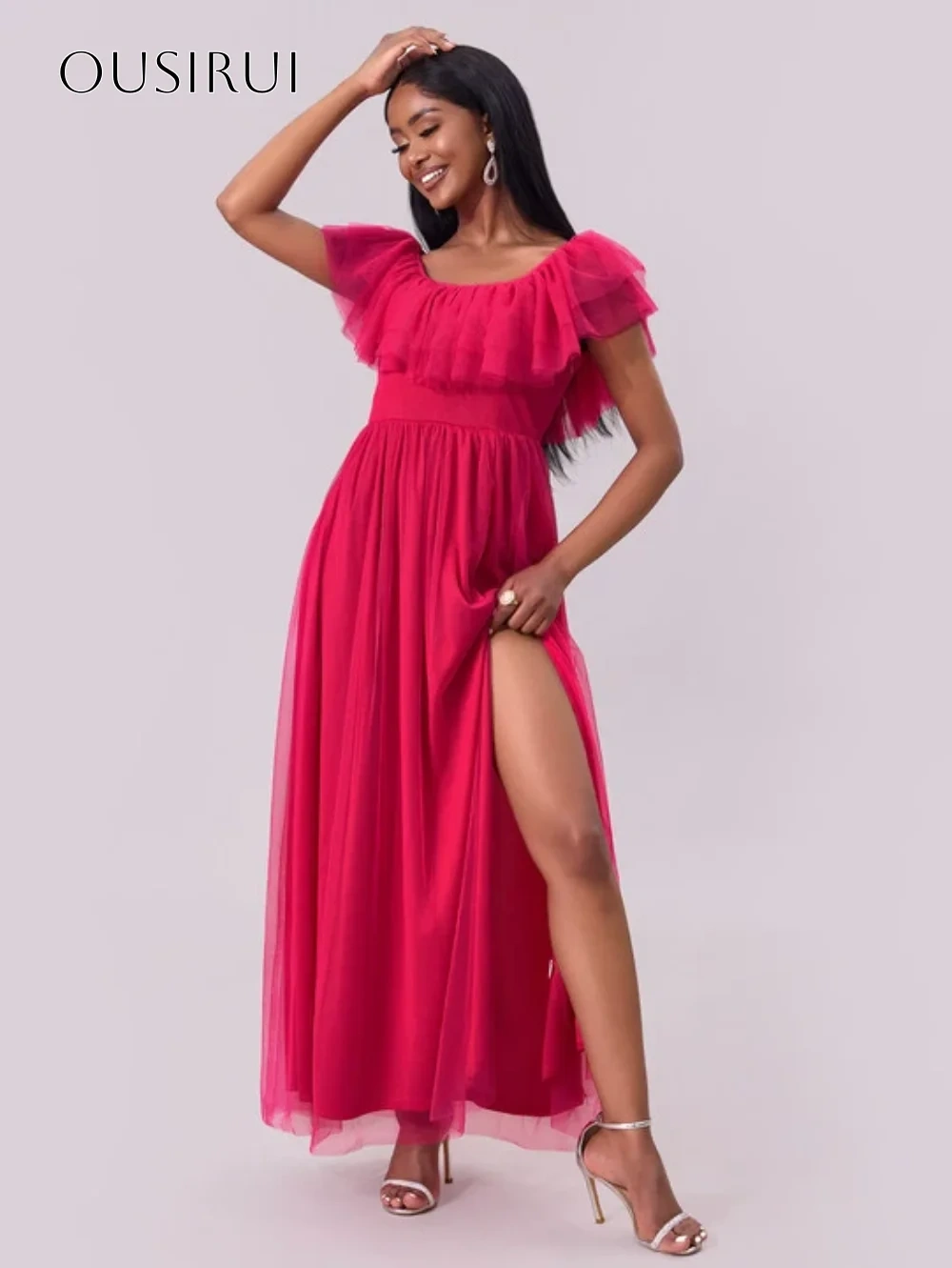 Tiered Short Sleeves Tulle A-line Prom Dresses Split Pleated Ankle Length Customized платье на выпускной