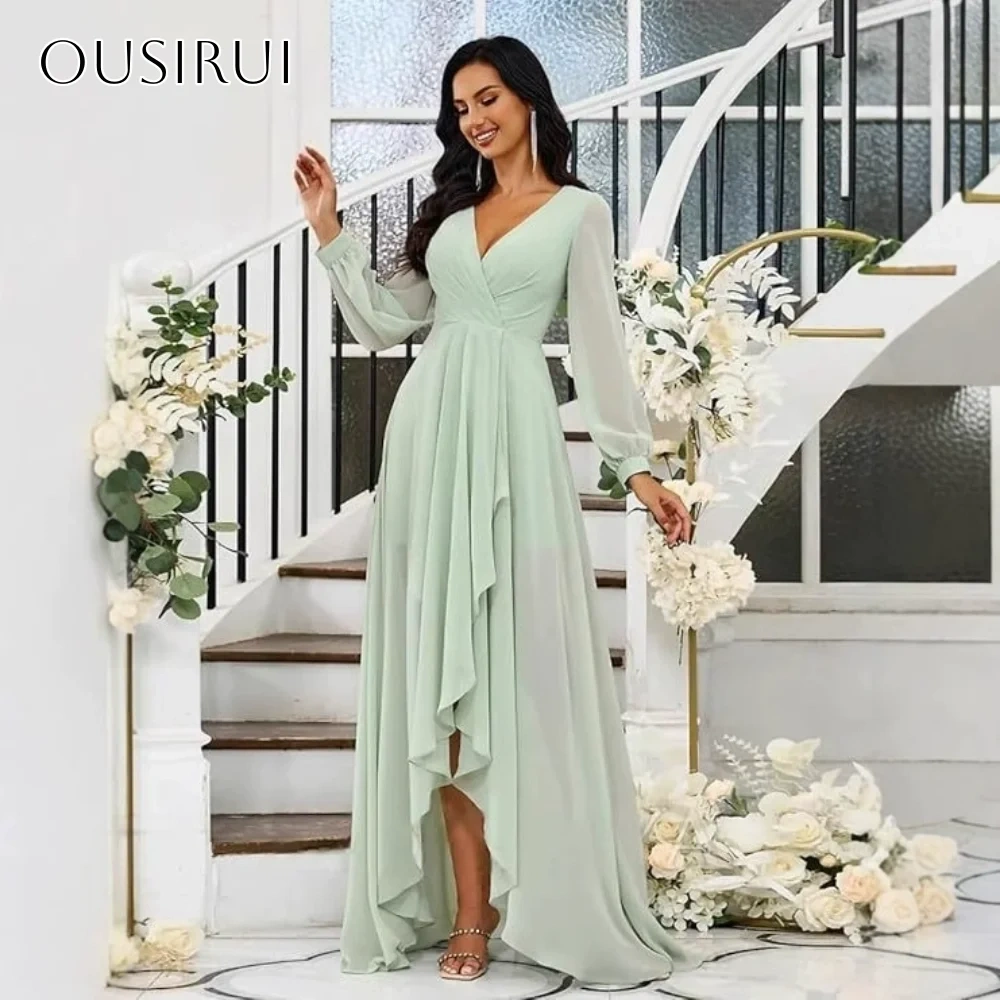 V-neck A-line High-low Prom Dresses Chiffon Long Sleeves Floor Length Pleated Party Gown Customized robe de mariée