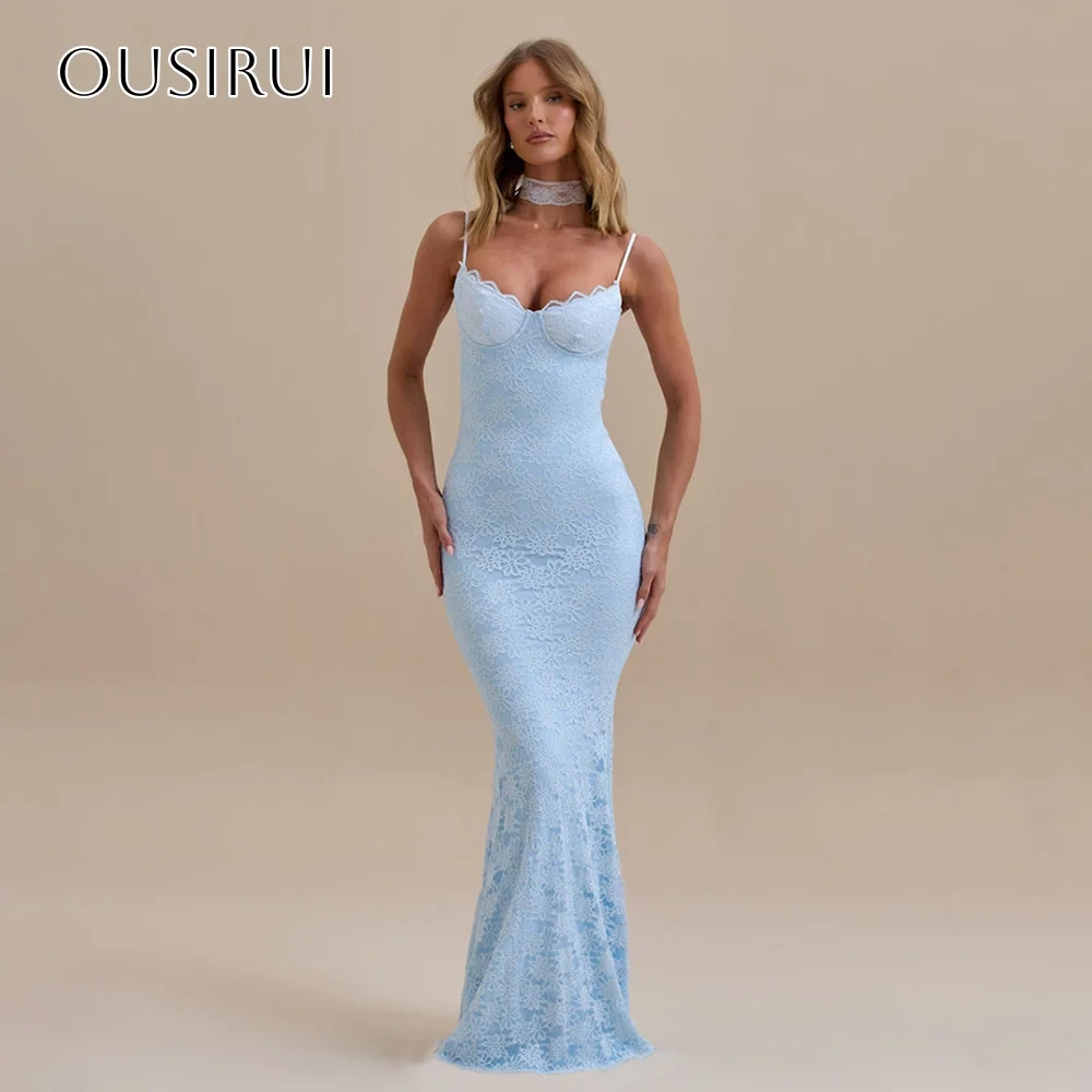Spaghetti Straps Sheath Lace Evening Dresses Pleated Sleeveless Floor Length Customized платье на выпускной