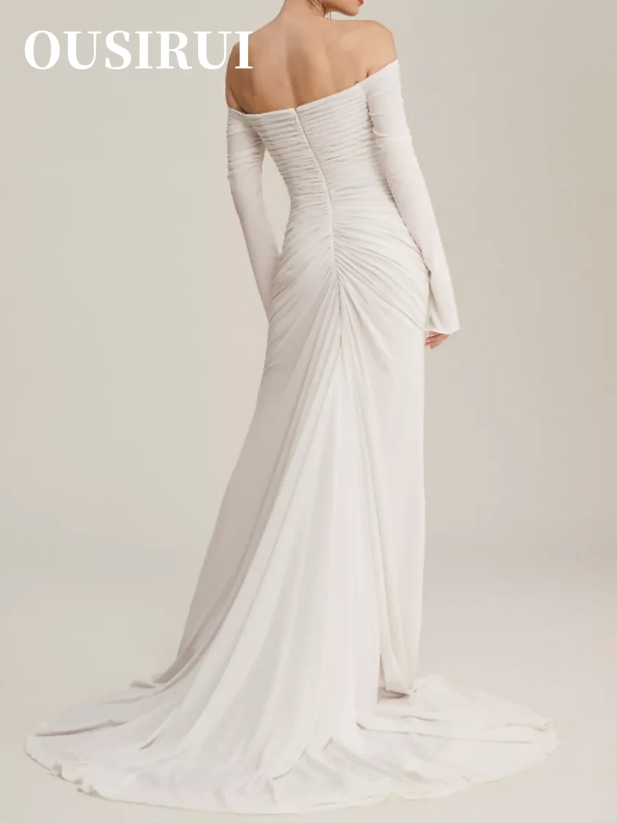 OUSIRUI White Pleated Card Shoulder Round Neck Wedding Dress Satin Pleated Maid Of Honor Romantic Backless Wedding Long Sleeve
