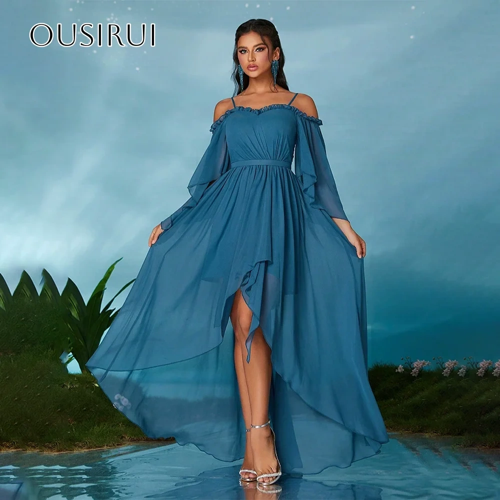 Spaghetti Straps Chiffon A-line Prom Dresses Short Sleeves High-low Pleated Customized платье на выпускной