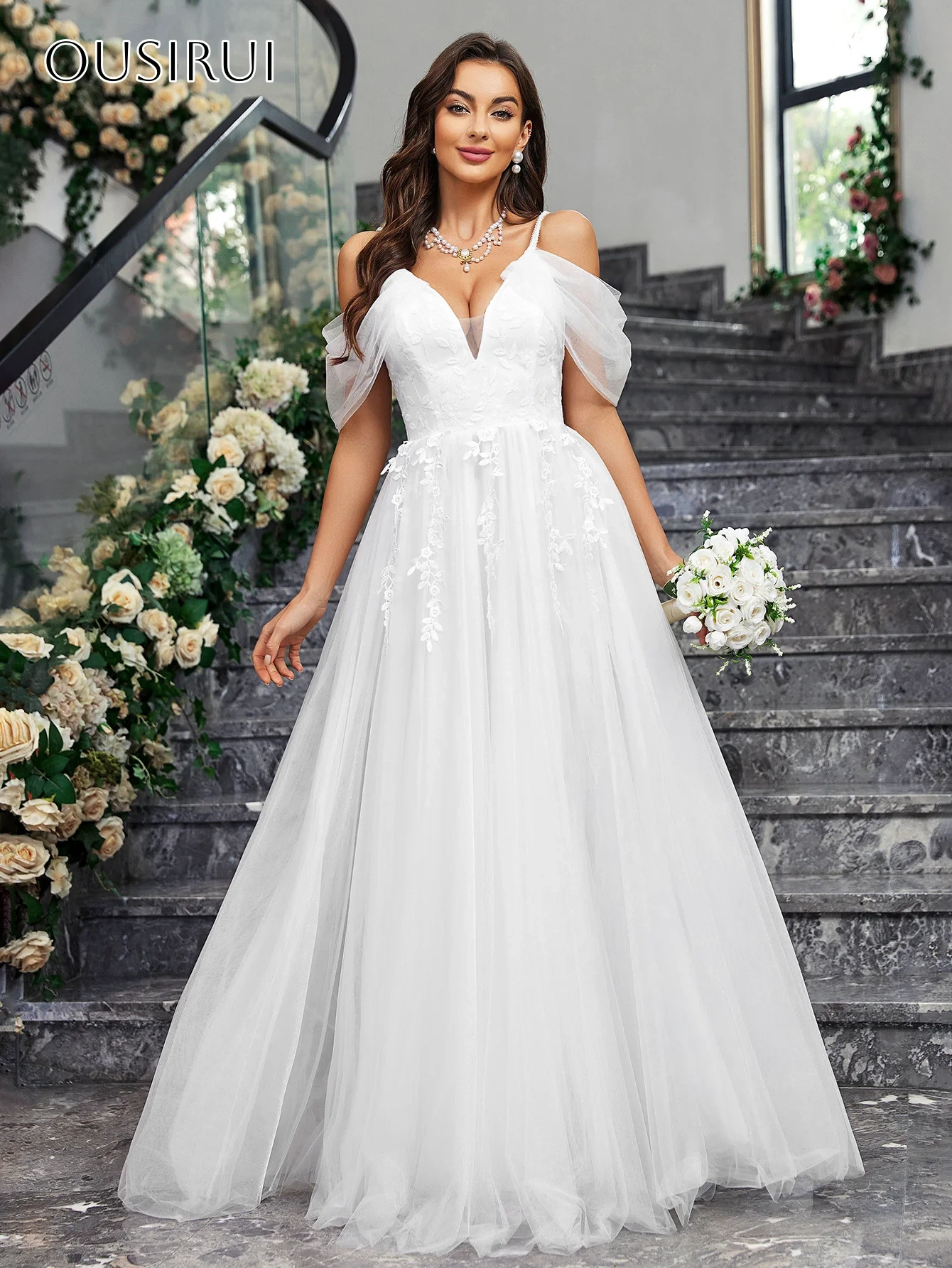 Spaghetti Straps A-line Evening Dresses Appliques Pleated Floor Length Tulle Customized Party Gowns  فساتين السهرة