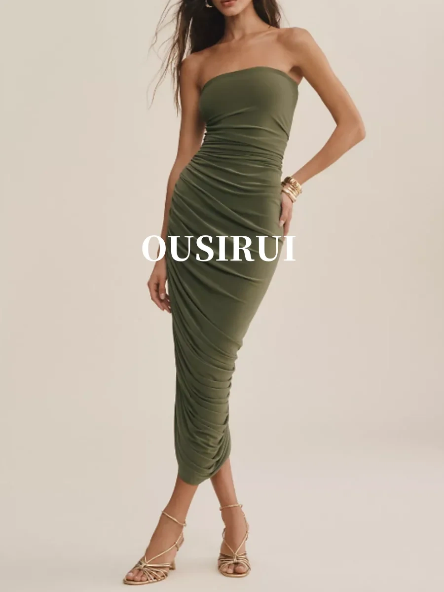 OUSIRUI Green Breast Wrap Backless Evening Gown Crepe Sexy Woman Wedding Simple Hip Wrap Pleated Prom Bridesmaid Mature
