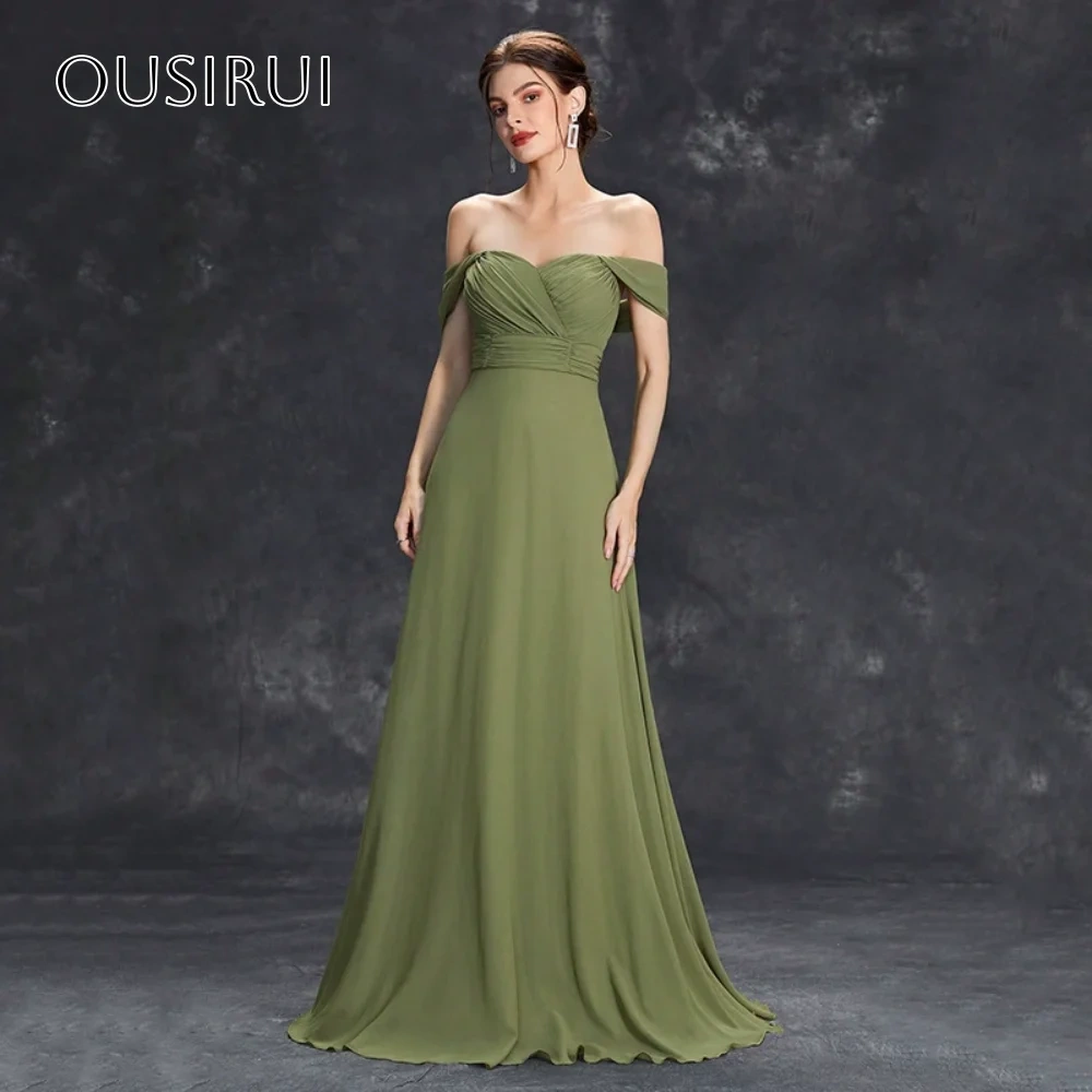 Off Shoulder Pleated A-line Evening Dresses Sleeveless Floor Length Chiffon Customized فساتين حفلة موسيقية