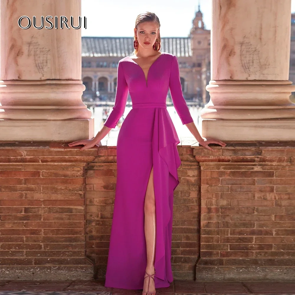 Elegant V Neck Chiffon Mother of the Bride Dresses Front Slit Sweep Train Mermaid 3/4 Sleeves Wedding Party Gowns  فساتين السهرة