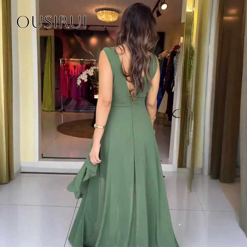 Chiffon V-neck Evening Dresses Floor Length Pleated Sleeveless Customized Party Gowns  فساتين ال