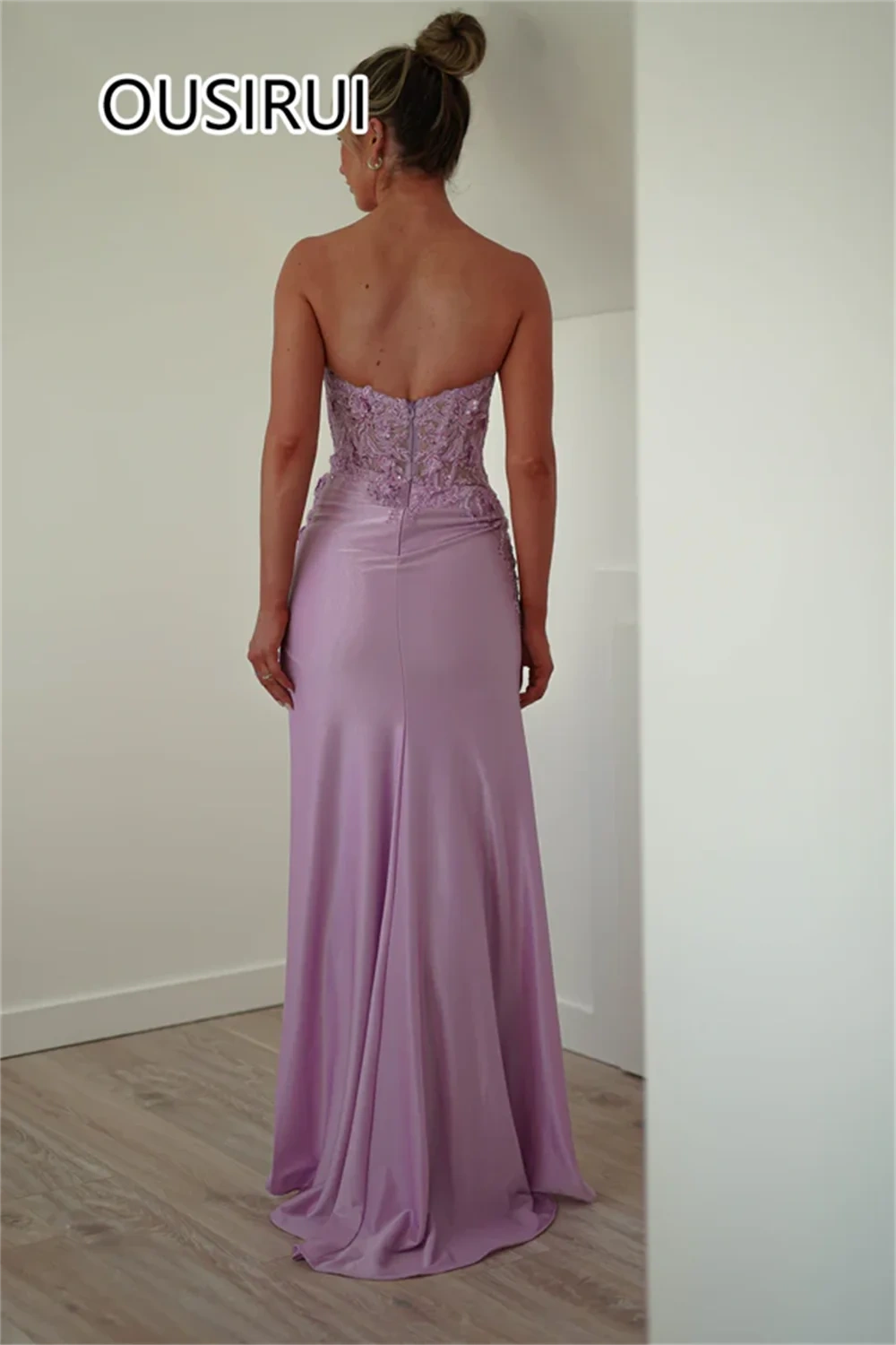 OUSIRUI V-neck Satin Pleated Off-Shoulder Women Prom Party Dress with Lace Sexy Mermaid Backless Side High Split vestidos de