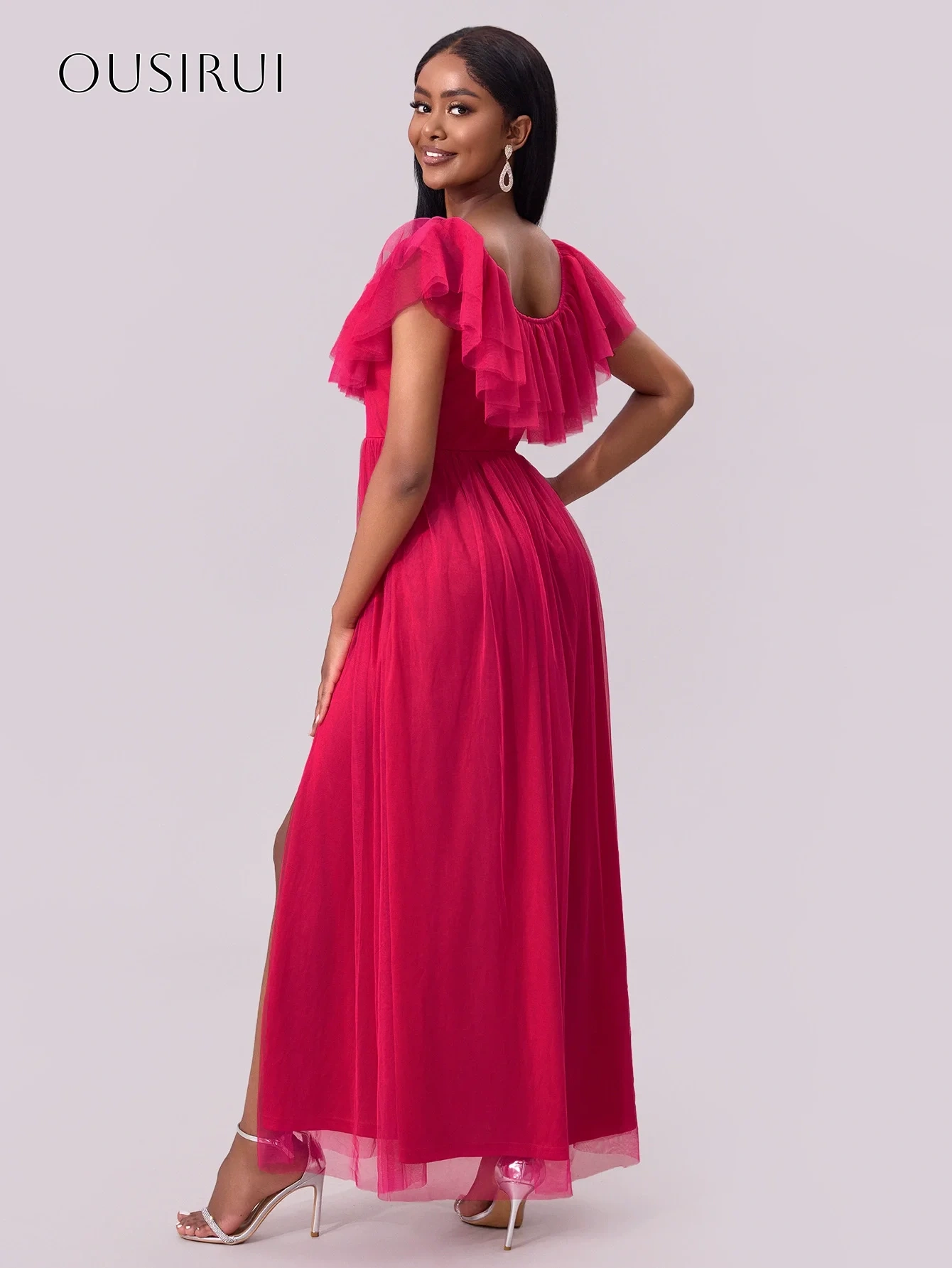 Tiered Short Sleeves Tulle A-line Prom Dresses Split Pleated Ankle Length Customized платье на выпускной