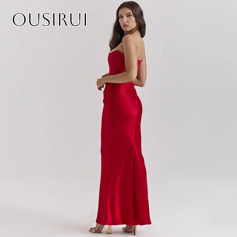 Strapless Satin Sheath Prom Dresses Sleeveless Ruffled Ankle Length Customized платье на выпускной