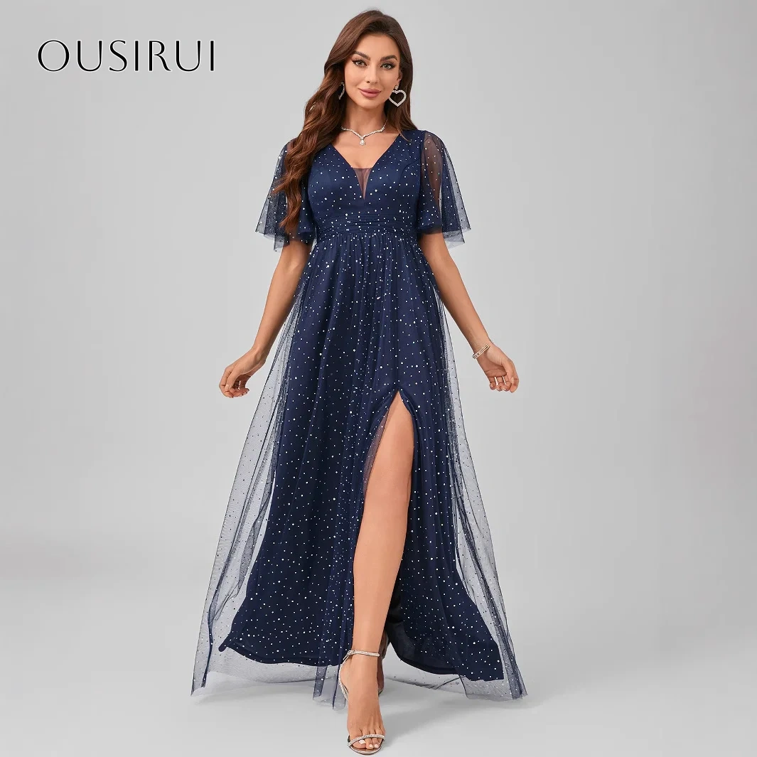 V-neck A-line Evening Dresses Split Sequined Tulle Ankle Length Short Sleeves Customized Party Gowns  فساتين ال