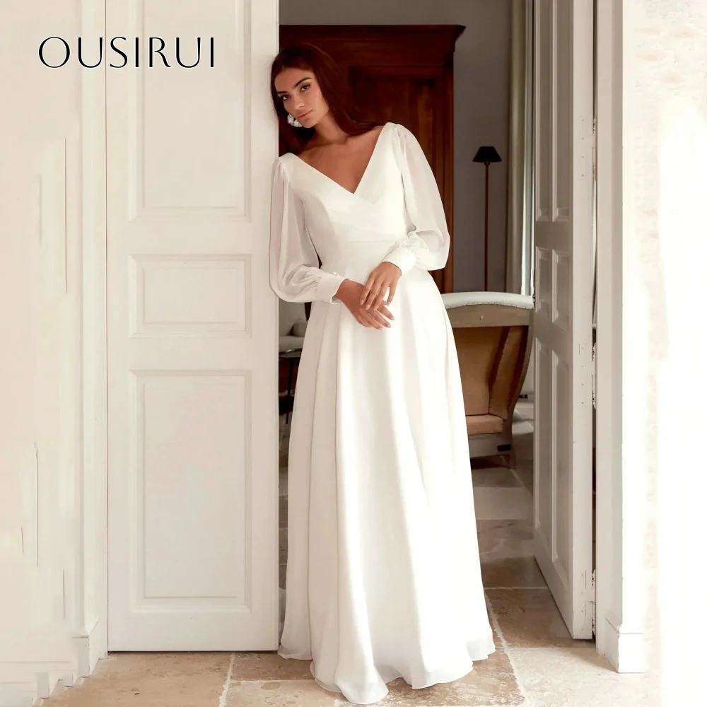 V-neck Chiffon Bridal Wedding Dresses A Line Buttons Long Sleeves Sweep Train Pleated Customized Vestidos De Novia