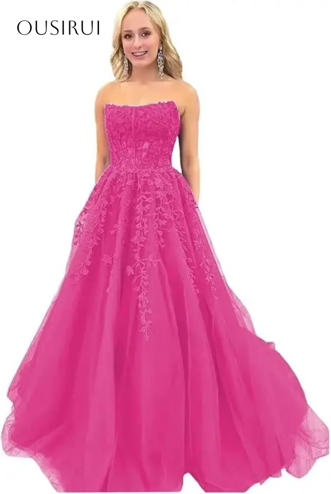 Strapless Appliques A-line Evening Dresses Sleeveless Sweep Train Customized Party Gowns  فساتين السهرة