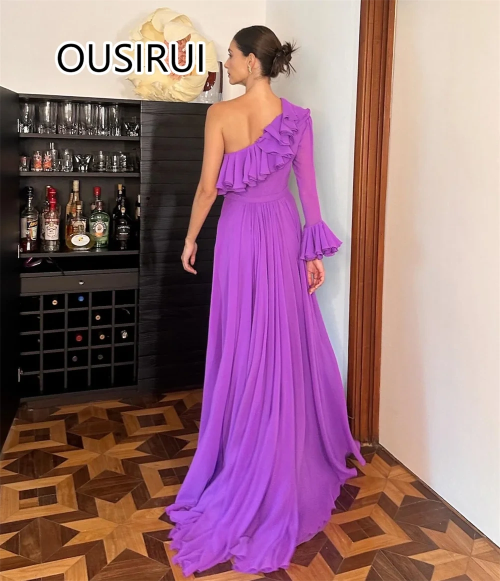 OUSIRUI One Shoulder Chiffon Ruffles Performance Prom Dress A-line Holiday Prom Gown with Trian for Women vestidos de fiesta