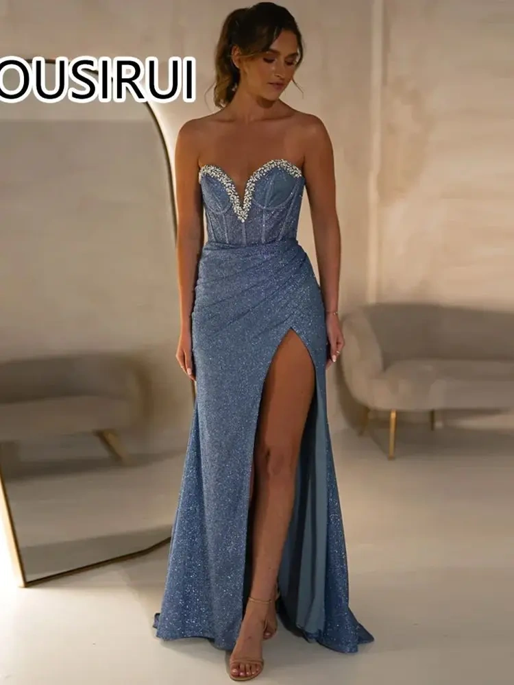 OUSIRUI Charming Off-Shoulder Strapless Glitter Women Prom Party Dress Sexy Mermais Side Split Court Backless and Lace up Gown