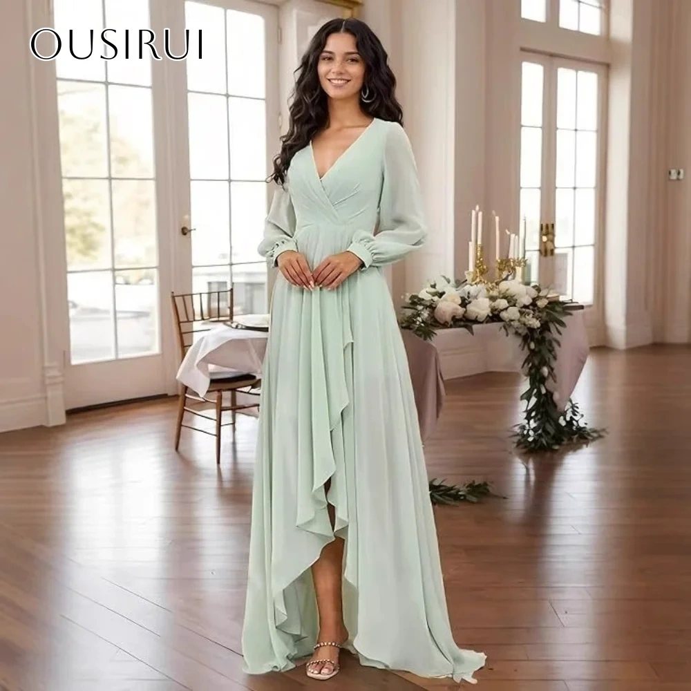 V-neck A-line High-low Prom Dresses Chiffon Long Sleeves Floor Length Pleated Party Gown Customized robe de mariée