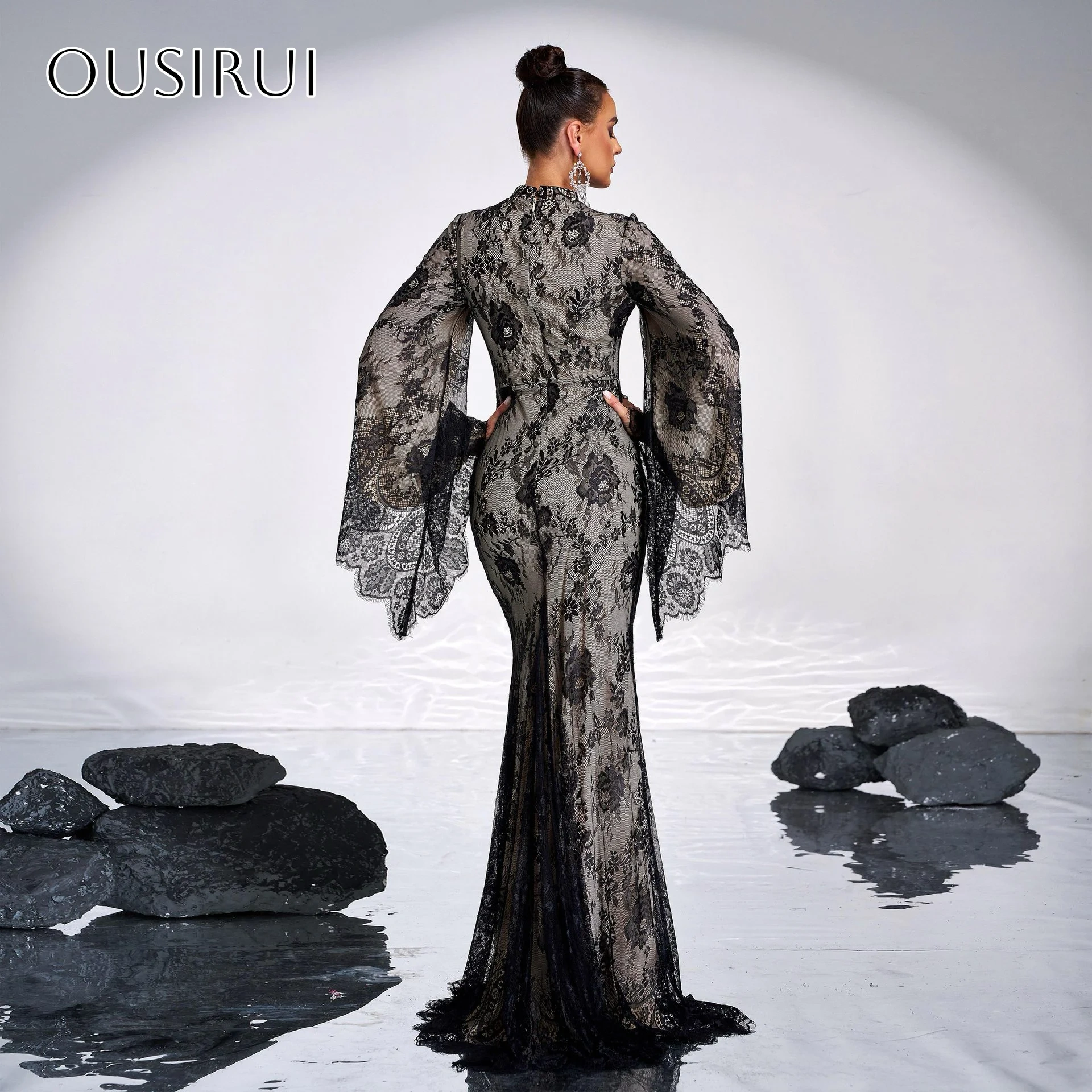 Sheath Lace O-neck Evening Dresses Puffy Long Sleeves Pleated Sweep Train Party Gowns  فساتين السهرة