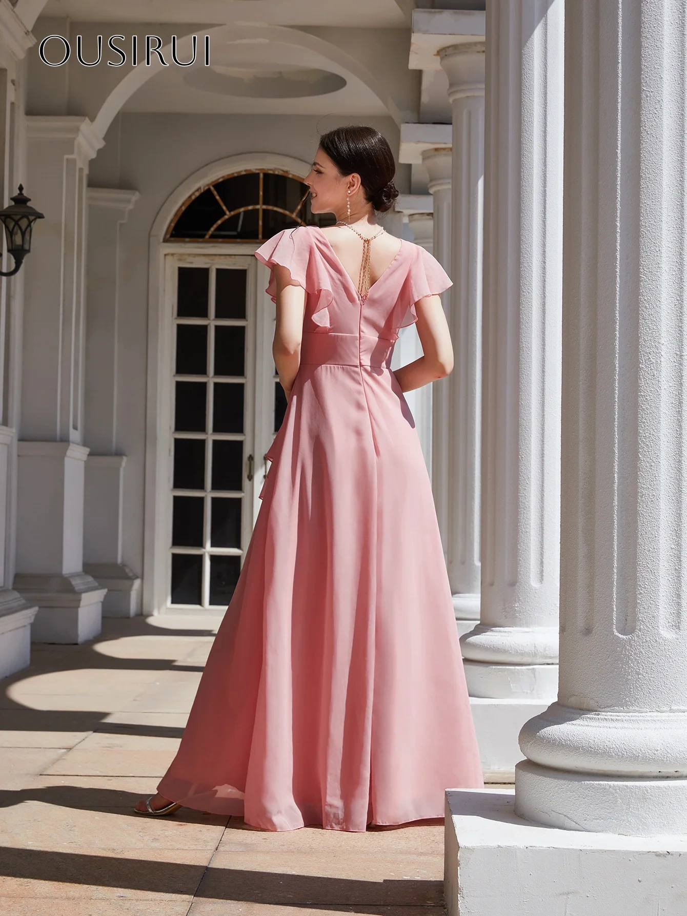 Ruffled V-neck Chiffon Evening Dresses A-line Sleeveless Floor Length Split Customized شارون سعيد فساتين سهره