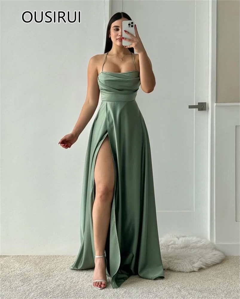 OUSIRUI Modest Spaghetti Straps Satin Pleated Formal Evening Dress A-line Side Slit Court Backless Evening Gown robe de mariée