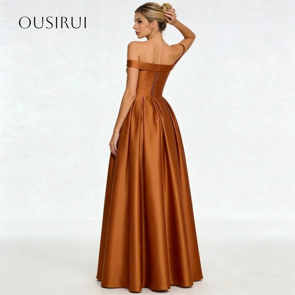A Line Satin Off Shoulder Evening Gowns Split Corset Floor Length Prom Dresses Customized vestidos de fiesta