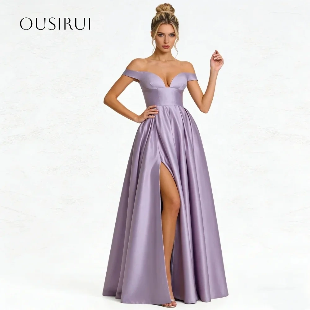 A Line Satin Off Shoulder Evening Gowns Split Corset Floor Length Prom Dresses Customized vestidos de fiesta