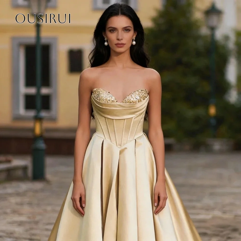 A Line Satin Sweetheart Sequined Evening Gowns Pockets Corset Prom Dresses Customized vestidos de fiesta