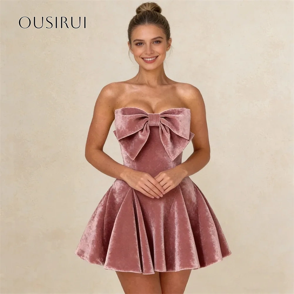 Short A Line Bow Sweetheart Velvet Cocktail Dress Pleated Party Gowns Customized