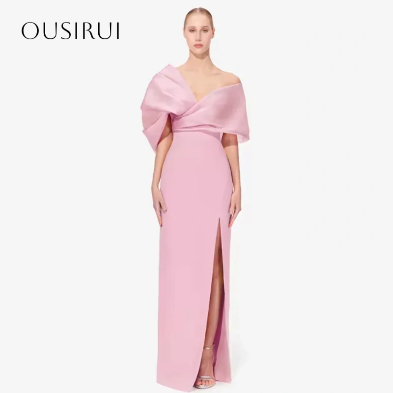 Sheath Satin Off Shoulder Split Floor Length Evening Gowns Prom Dresses Customized vestidos de fiesta