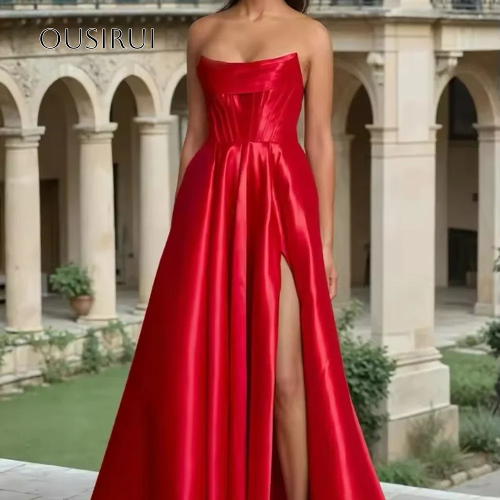 Strapless A-line Evening Dresses Split Floor Length Pleated Satin Sleeveless Customized فساتين حفلة موسيقية